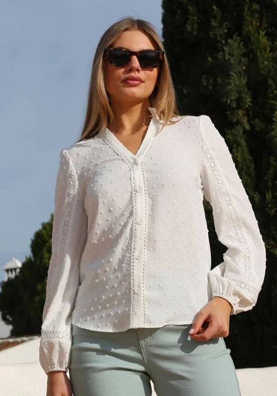 Rant & Rave Edna Embroidered Blouse, White Elegant Semi-Sheer Blouse