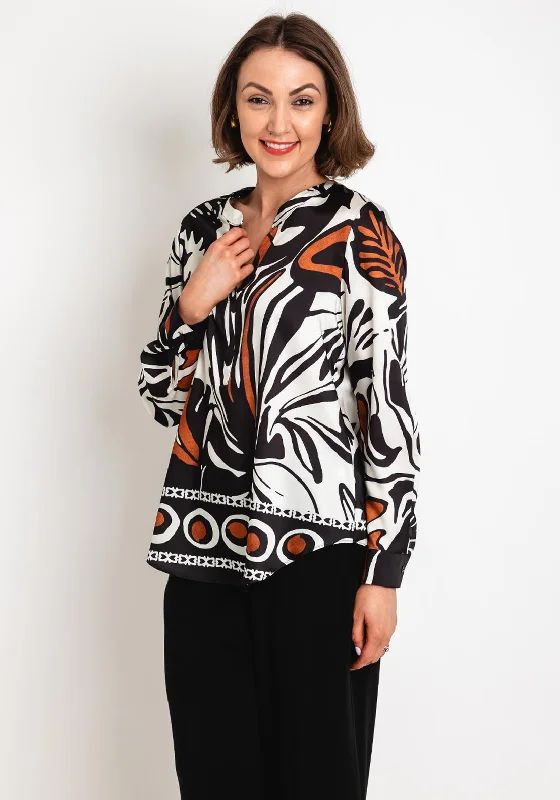 Robell Hannah Printed Satin Blouse, Black Multi Silky Draped Blouse
