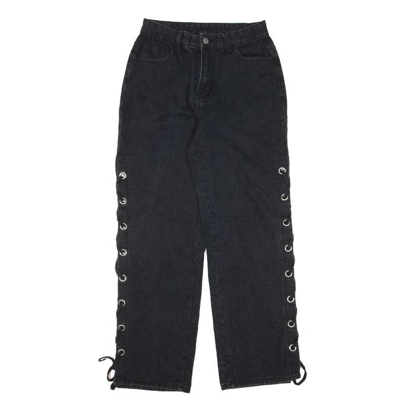 ROMWE Lace Up Y2K Jeans Black Denim Relaxed Straight Womens W26 L29 Trendy Vintage Denim Jeans ROMWE Lace Up Y2K Jeans Black Denim Relaxed Straight Womens W26 L29 Trendy Vintage Denim Jeans