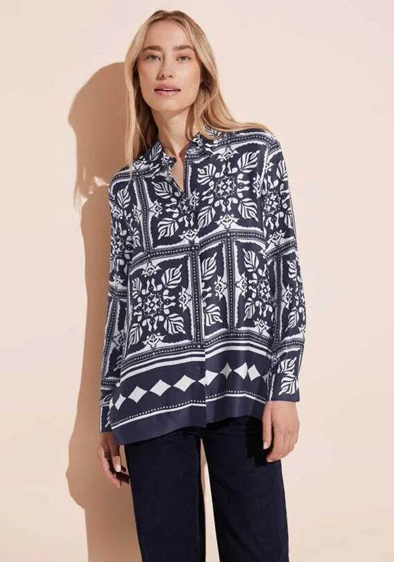 Street One Satin Printed Blouse, Deep Blue High Neck Blouse