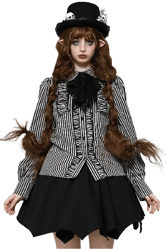 Striped Gothic Blouse with Lace Details and Skull Accent Semi-Sheer Blouse