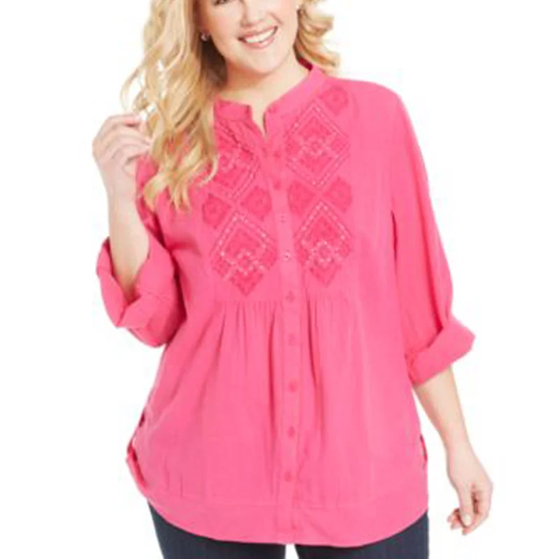 Style & Co Pink Roll-Tab Sleeve Embroidered Button Down Blouse Plus SIze Feminine Pastel Blouse