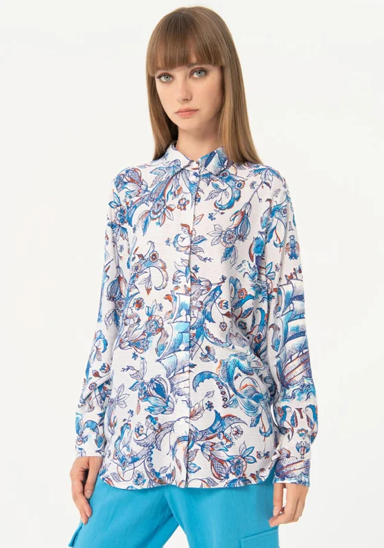 Surkana Long Sleeve Seashore Print Blouse, Blue