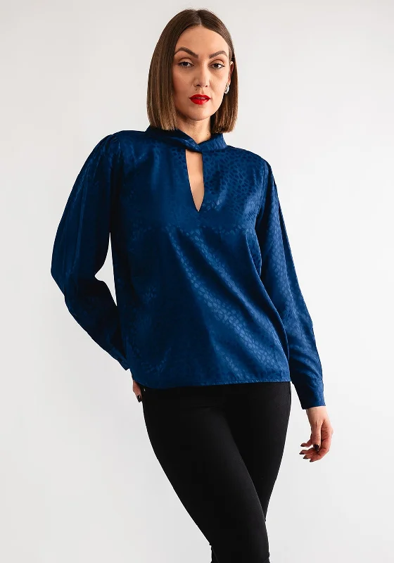 Tiffosi Stephanie Spot Print Satin Blouse, Dark Blue Mandarin Collar Blouse