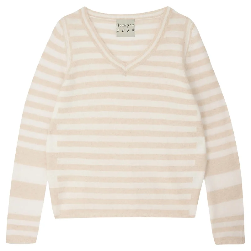Vary Stripe Cashmere Sweater In Oatmeal And Cream Denim Fabric Leather Fabric Suede Fabric