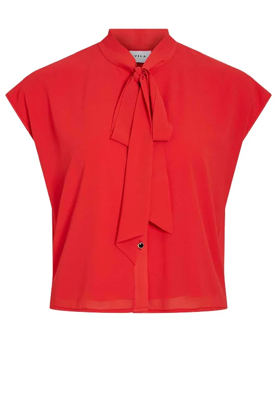 Vila Yasmin Pussy Bow Blouse, Tomato Red Smart Business Blouse