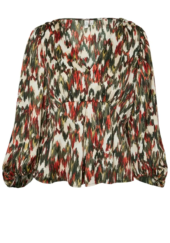 Vero Moda Mina Abstract Print Peplum Blouse, Green Multi Satin Drape Blouse