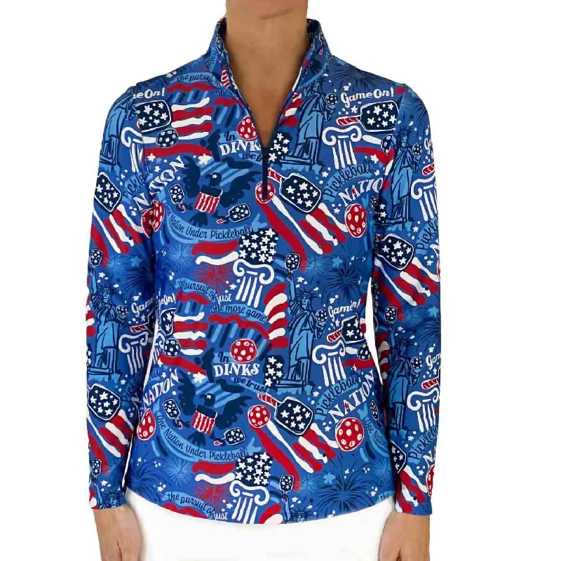 Women's Anna Maria Pullover Sweater In Pickleball Nation Red White Blue Boat Neck Shawl Collar Notched Collar Women's Anna Maria Pullover Sweater In Pickleball Nation Red White Blue Boat Neck Shawl Collar Notched Collar