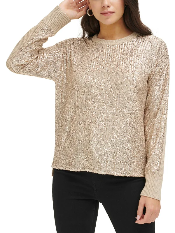 Womens Sequined Pullover Crewneck Sweater Front Pockets Side Pockets Patch Pockets