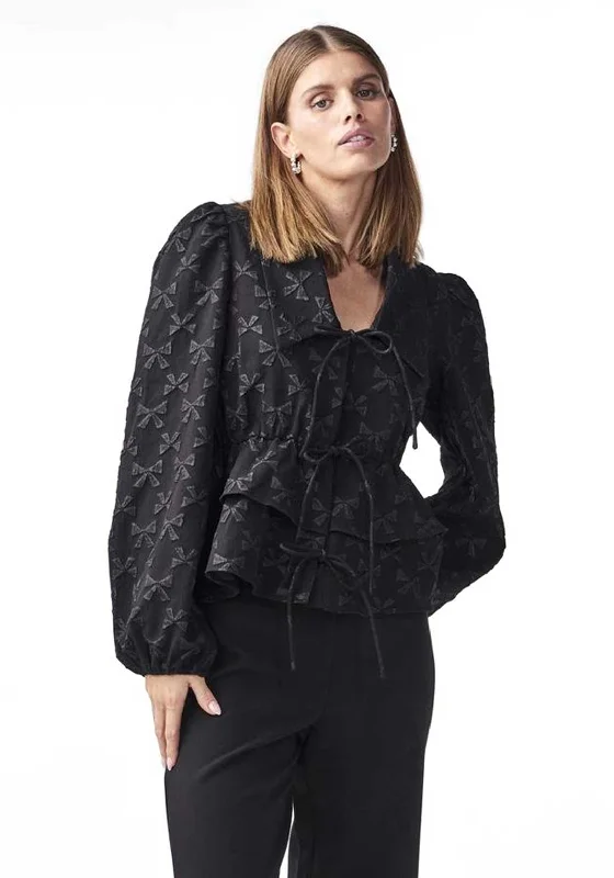 Y.A.S Bow Jacquard String Blouse, Black Business Casual Blouse