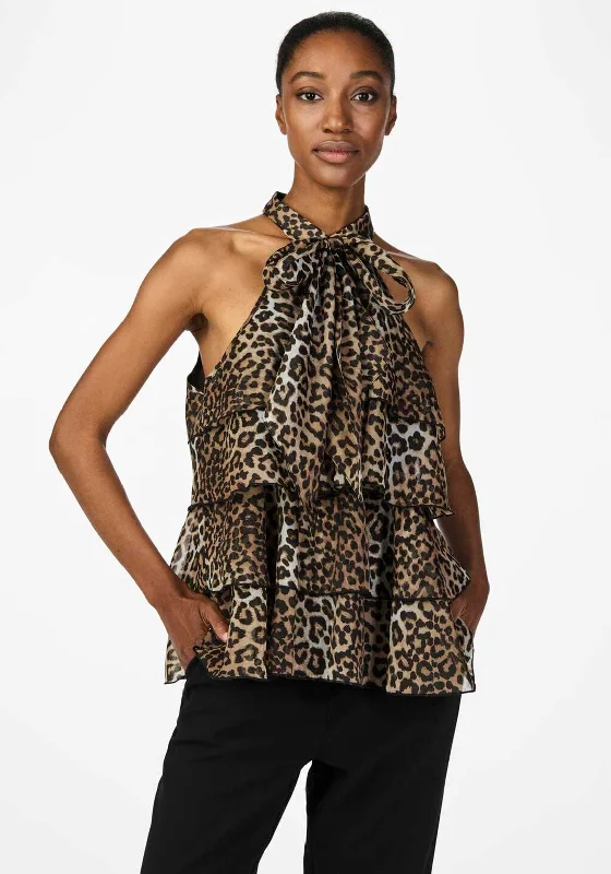 Y.A.S Eloise Halter Neck Tiered Blouse, Leopard Elegant Peplum Blouse