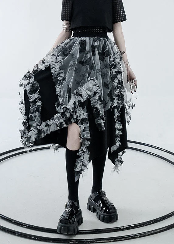 Black White Patchwork Tulle A Line Skirts High Waist Layered Design Summer cashmere skirt plush