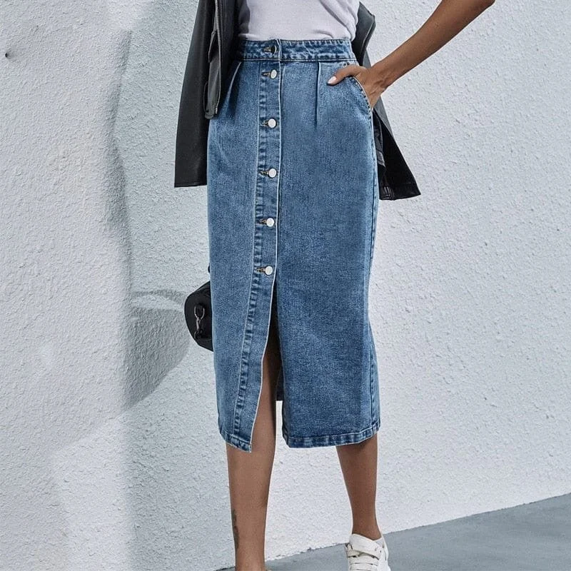 Button Front High Waist Denim Skirt velvet skirt luxurious
