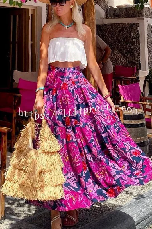 Floral Fantasy Printed High Rise  Back Elastic Waist Maxi Skirt tiered skirt playful