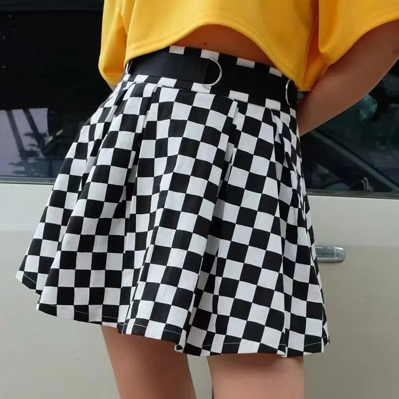 DARK GETHIC BLACK WHITE GRID SKIRT BY61015 silk skirt lustrous