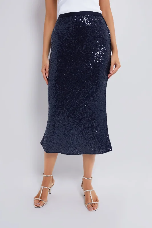 Deep Navy Sequin A-Line Skirt asymmetrical skirt cut