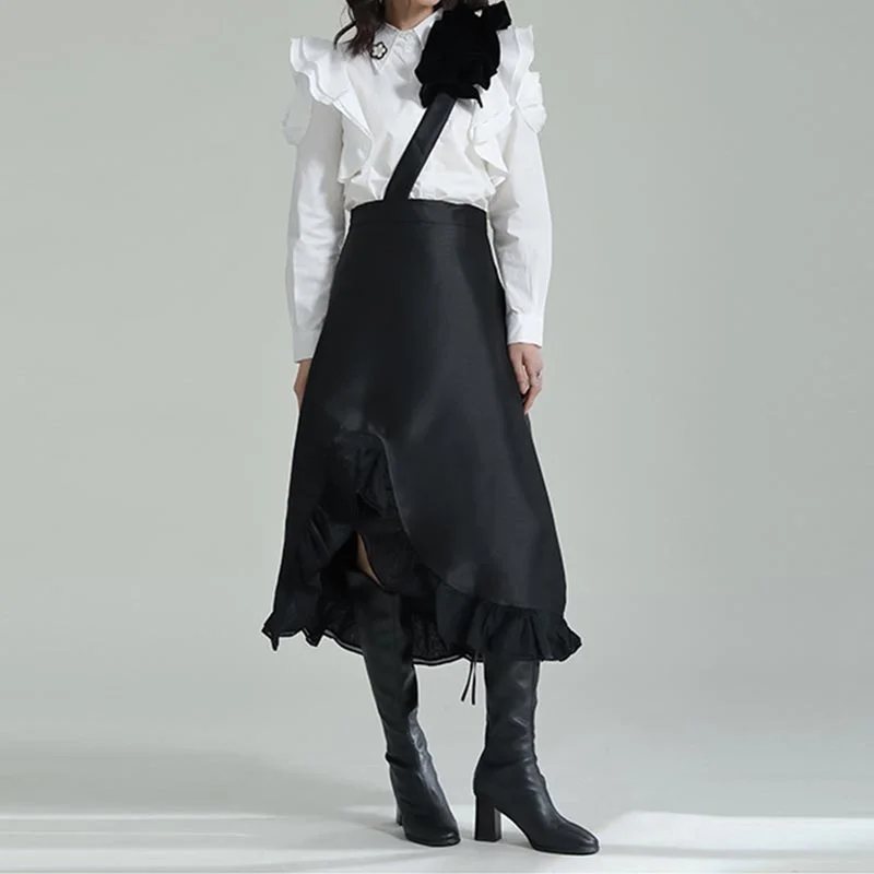 Detachable Straps Irregular Panel Ruffle Skirt denim skirt fashionable