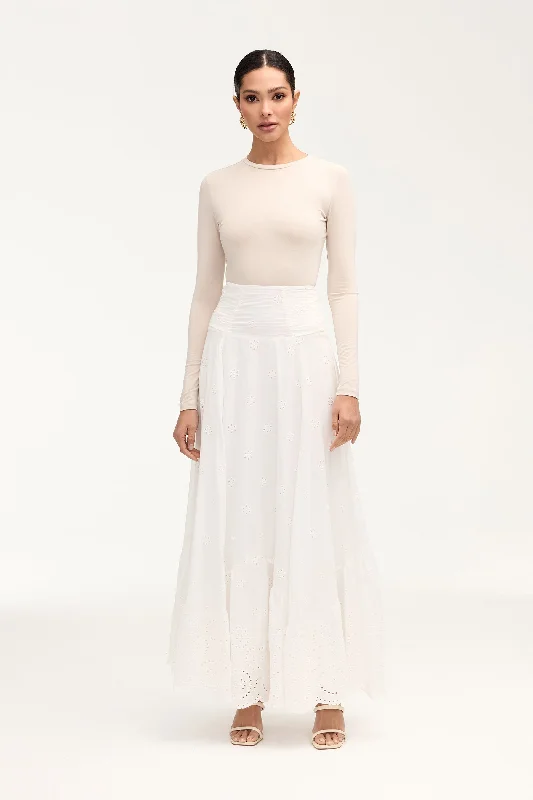 Eyelet Tie Waist Maxi Skirt flowy skirt hem