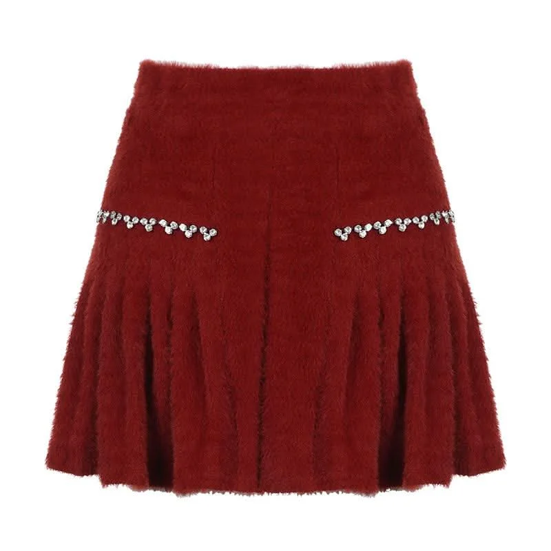 Fluffy beaded pleated mini skirt