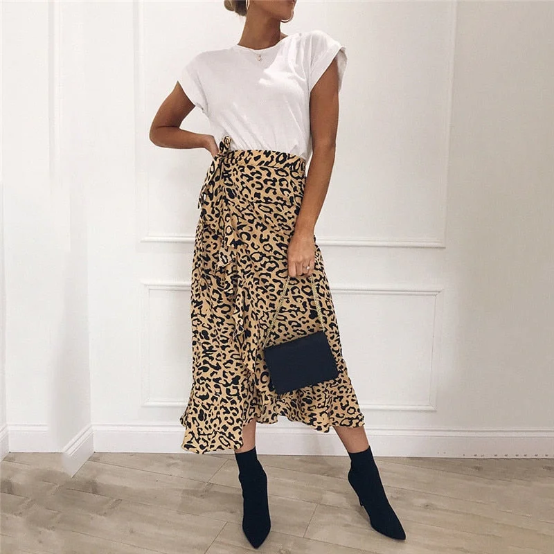 Hot Summer Sexy Women Lace Up Skirts Fashion High Waist Ruffles Loose Slim Long Wrap Skirt Ladies Leopard Beach Clothing Female leather skirt modern
