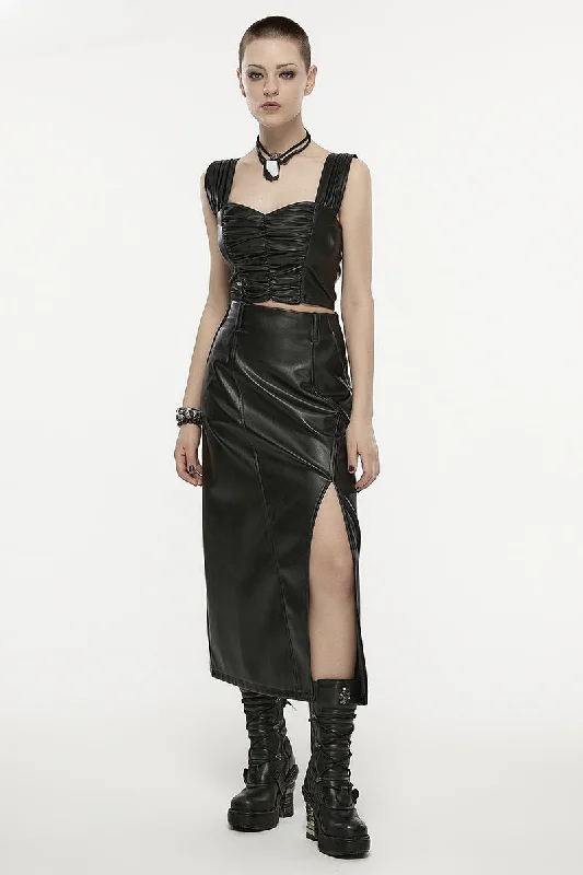 Women's A-line High Waist Split Faux Leather Daily Fashion Concise Female Black Skirt