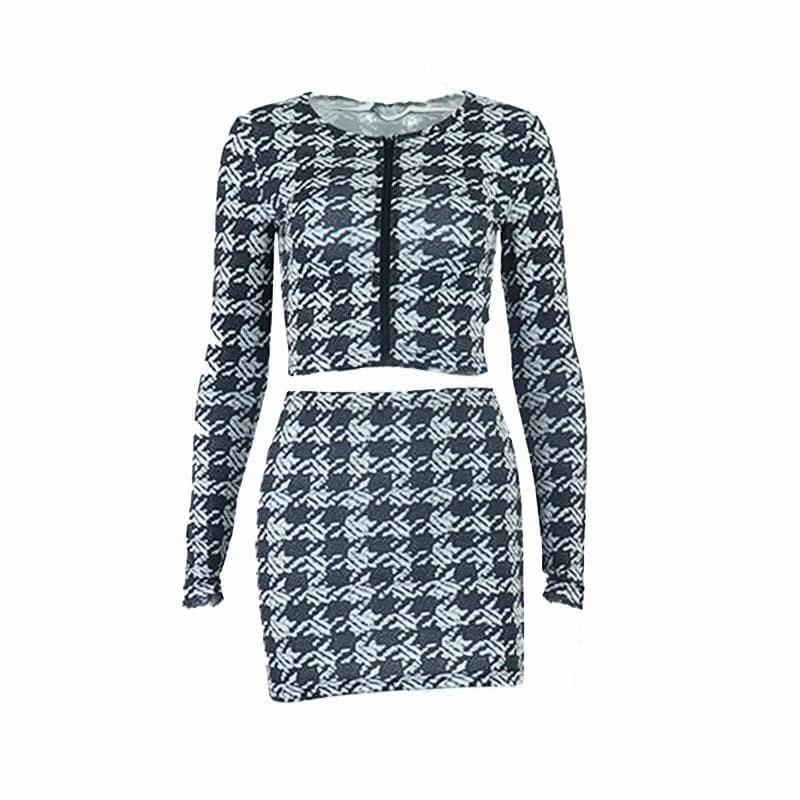 Long sleeve contrast plaid round neck zip-up skirt set - Final Sale cashmere skirt plush