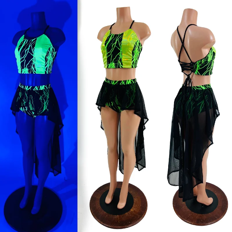 Neon Strappy Back Halter and Siren Shorts with Mesh Hi Lo Attached Skirt elastic waist skirt Neon Strappy Back Halter and Siren Shorts with Mesh Hi Lo Attached Skirt elastic waist skirt