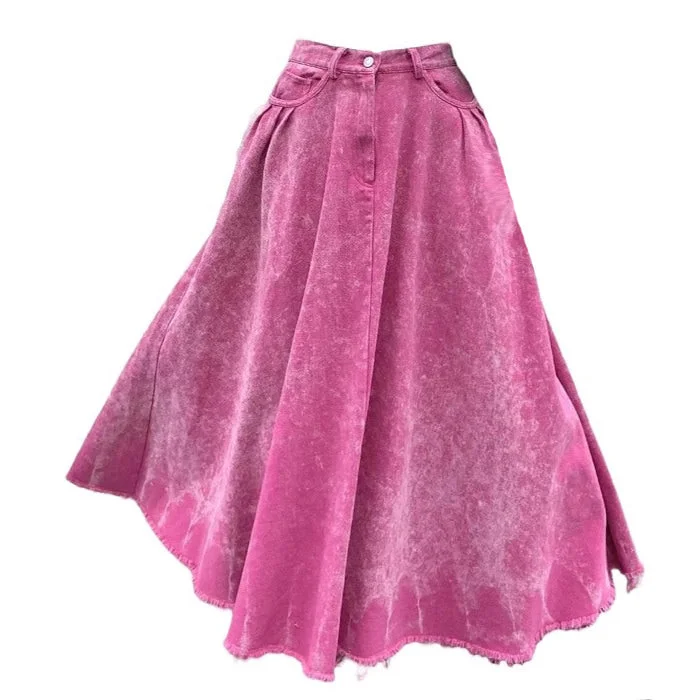 Pink Distressed Denim Maxi Skirt tiered skirt playful