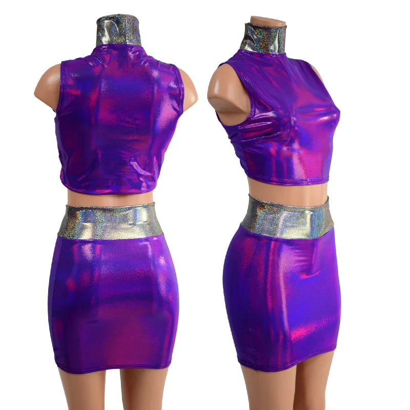 Purple Crop Top & Bodycon Skirt Set with Silver Holo Trim tulle skirt dreamy
