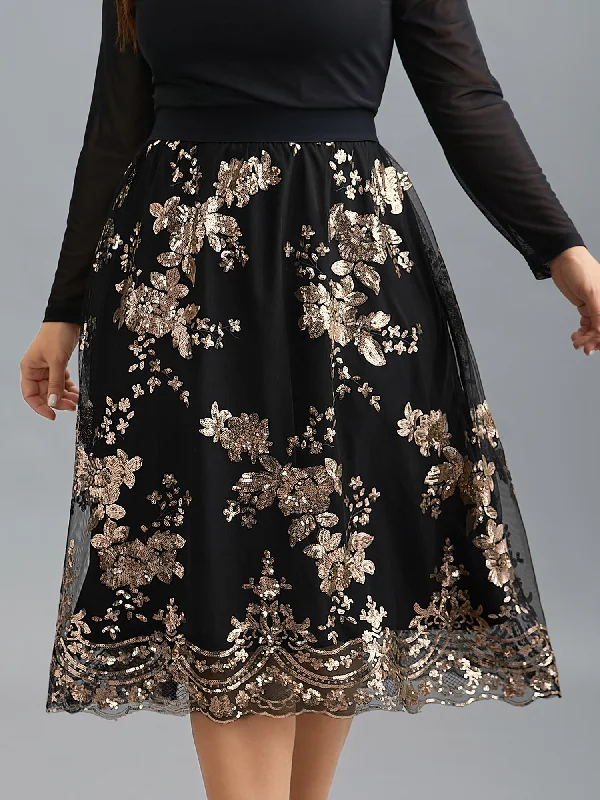 Sequin Floral Stretchy Waist Skirt