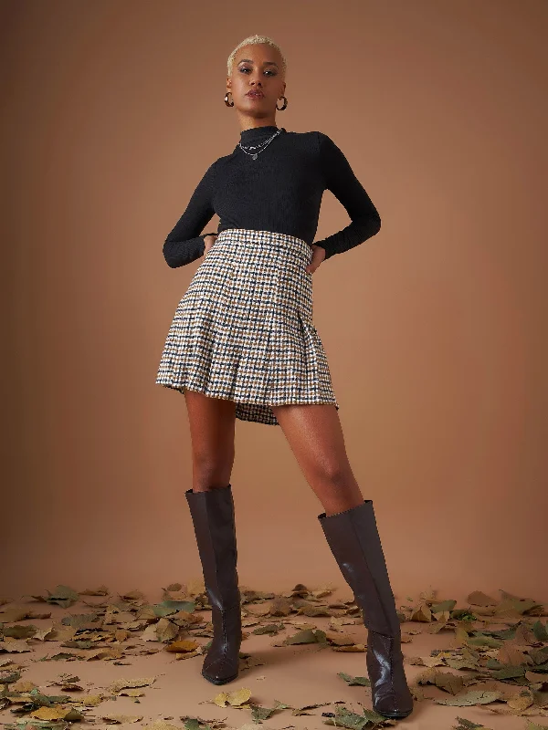Women Brown Flannel Check Pleated Mini Skirt chiffon skirt airy