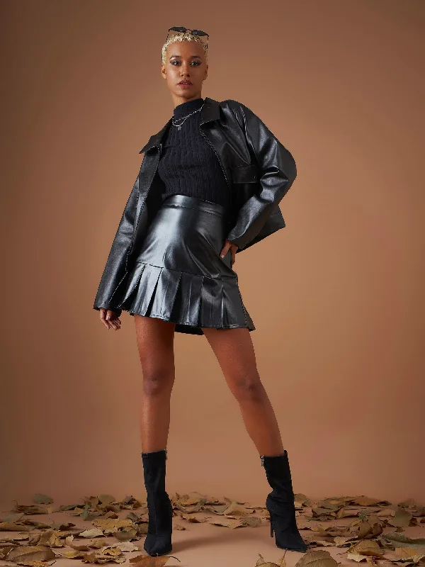 Women Black PU Pleated Mini Skirt athletic skirt fit