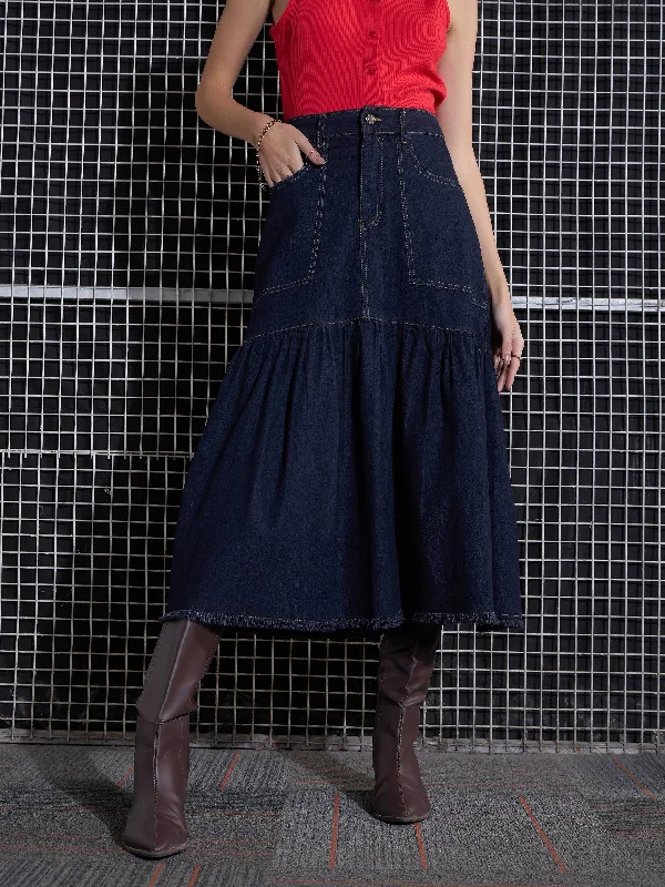 Women Navy Blast Denim Flared Midi Skirt button skirt front