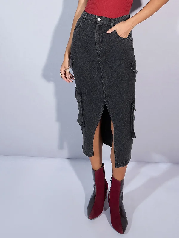 Women Black Denim Box Pocket Front Slit Midi Skirt ribbed skirt waist