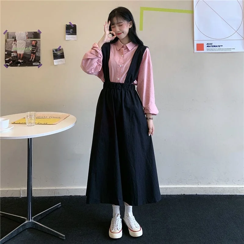 Solid Pleated Suspenders Skirt leather skirt sleek