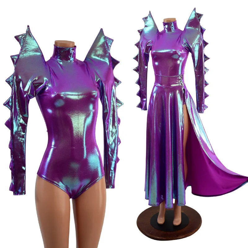Spiked Mega Sharp Shoulder Romper and Breakaway Skirt Faux Gown Set silk skirt sleek