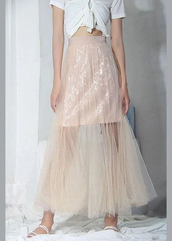 Style Pink Tulle Sequins A Line Skirts lace skirt romantic