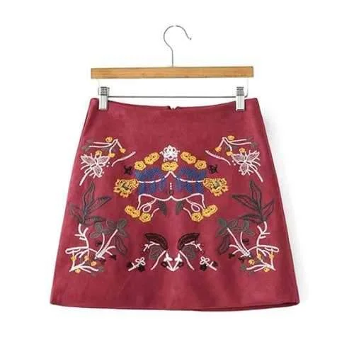 Faux Suede Skirt with Embroidery - Wine Red M