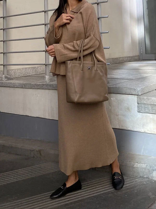 V Neck Sweater & Knit Long Skirt Set chiffon skirt flowing