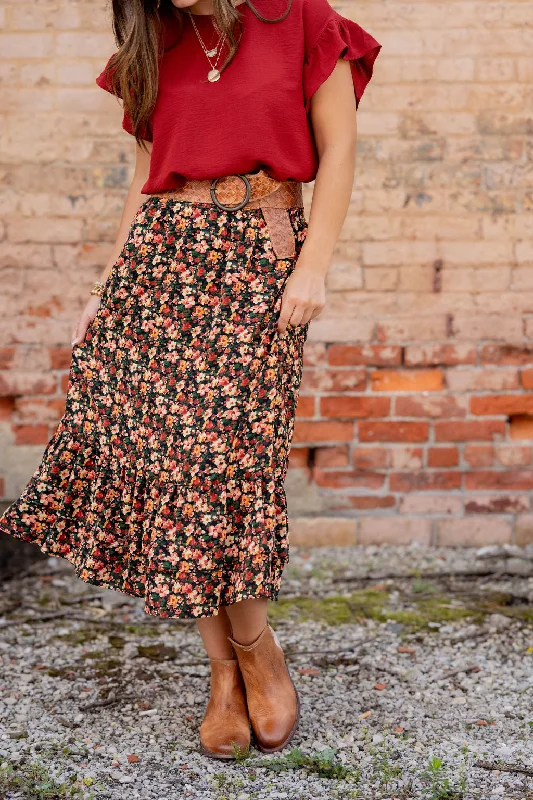 Vintage Floral Ruffle Bottom Midi Skirt