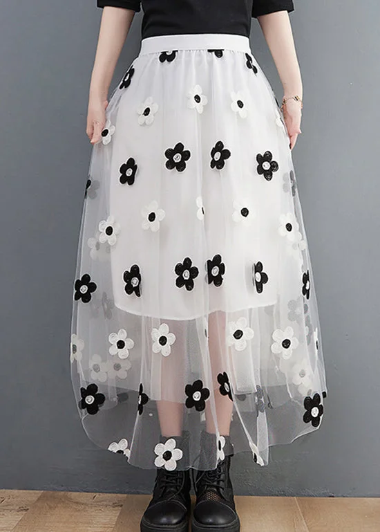 White Floral Embroideried Tulle Skirts High Waist Spring asymmetrical skirt cut
