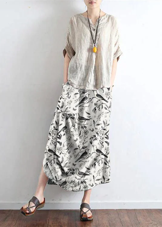 White flowers and birds oversized linen skirts asymmetrical design elastic waist long skirt corduroy skirt durable