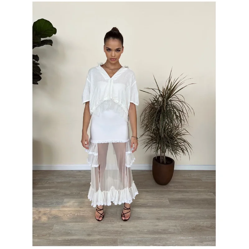 White Modal Jersey Skirt with Tulle & Lace Ruffle lace skirt romantic