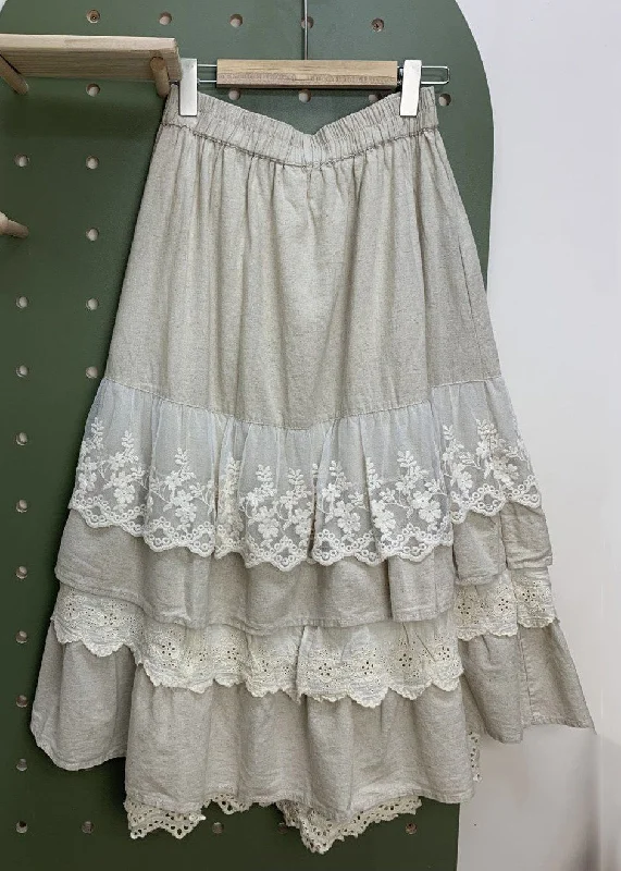 Women Linen Elastic Waist Lace Patchwork Linen Skirts Spring boho skirt vibe