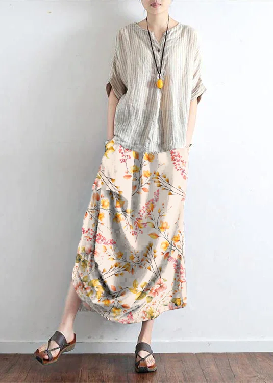 Yellow flower oversized linen skirts asymmetrical design elastic waist long skirt wool skirt warm