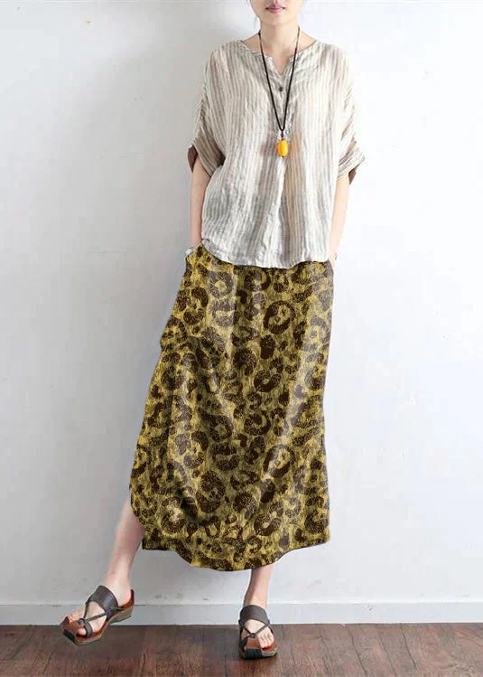 Yellow leopard oversized linen skirts asymmetrical design elastic waist long skirt slim fit skirt