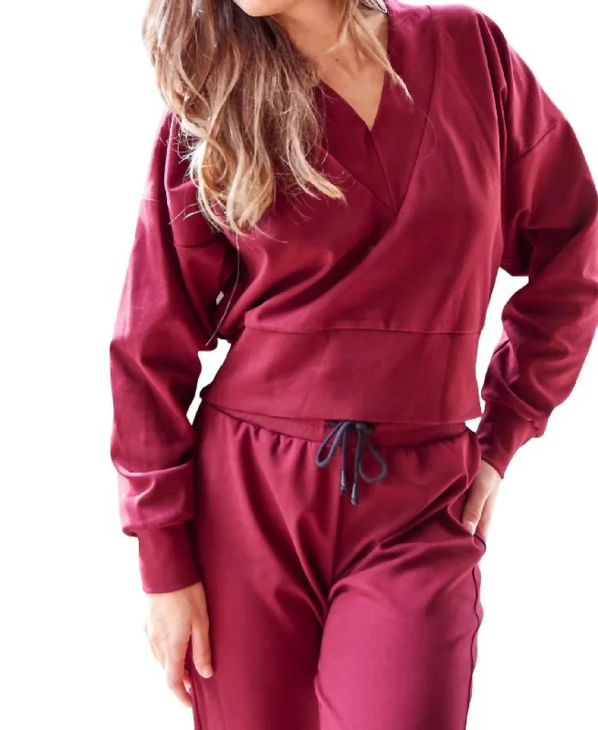 Alona V Neck Sweatshirt In Burgundy Hoodie with High-Low Hem Asymmetrical Trendy