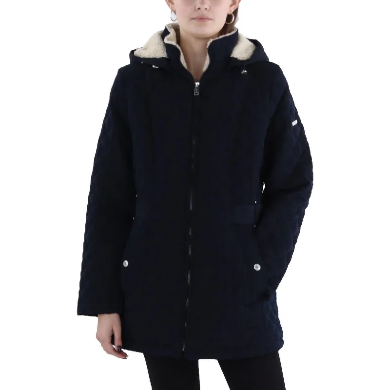 Womens Faux Fur Hooded Quilted Coat Hoodie with Velcro Closure Adjustable Secure