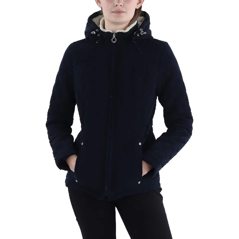 Womens Faux Fur Hooded Quilted Coat Hoodie with Double Zipper Versatile Adjustable