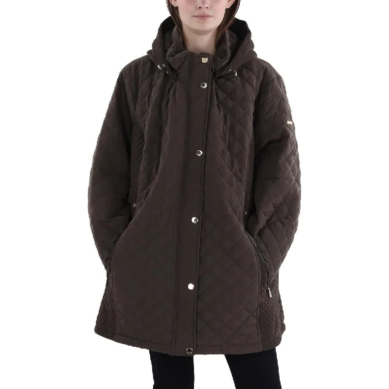 Plus Womens Faux Fur Hooded Quilted Coat Hoodie with Turtle Neck Cozy Winter
